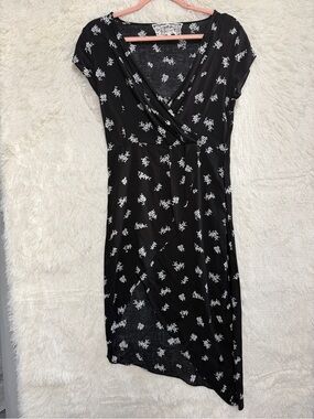 Pink Martini Womens Babydoll Floral Wrap Asymmetrical Hem Dress Size XS Black